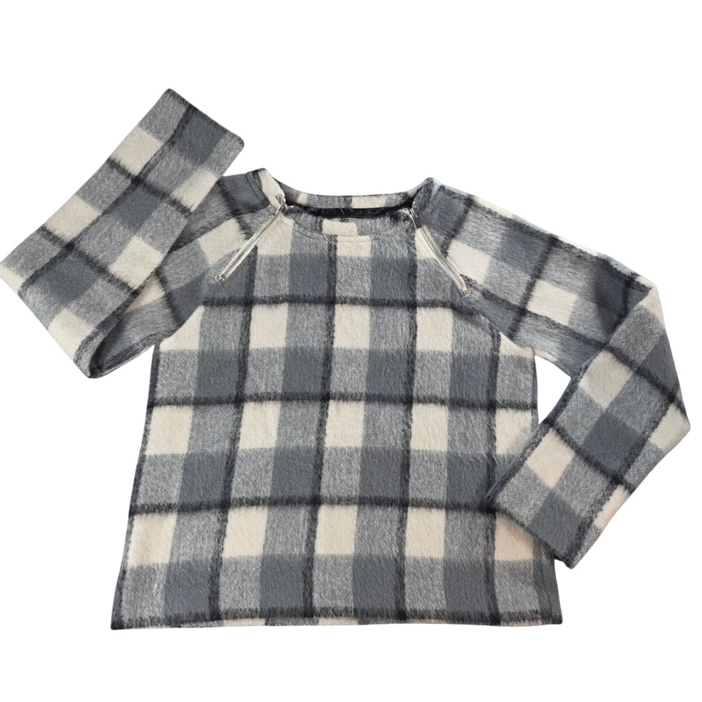 Abercrombie & Fitch Women S Grey Plaid Sweater Shoulder Zipper Fuzzy Raglan